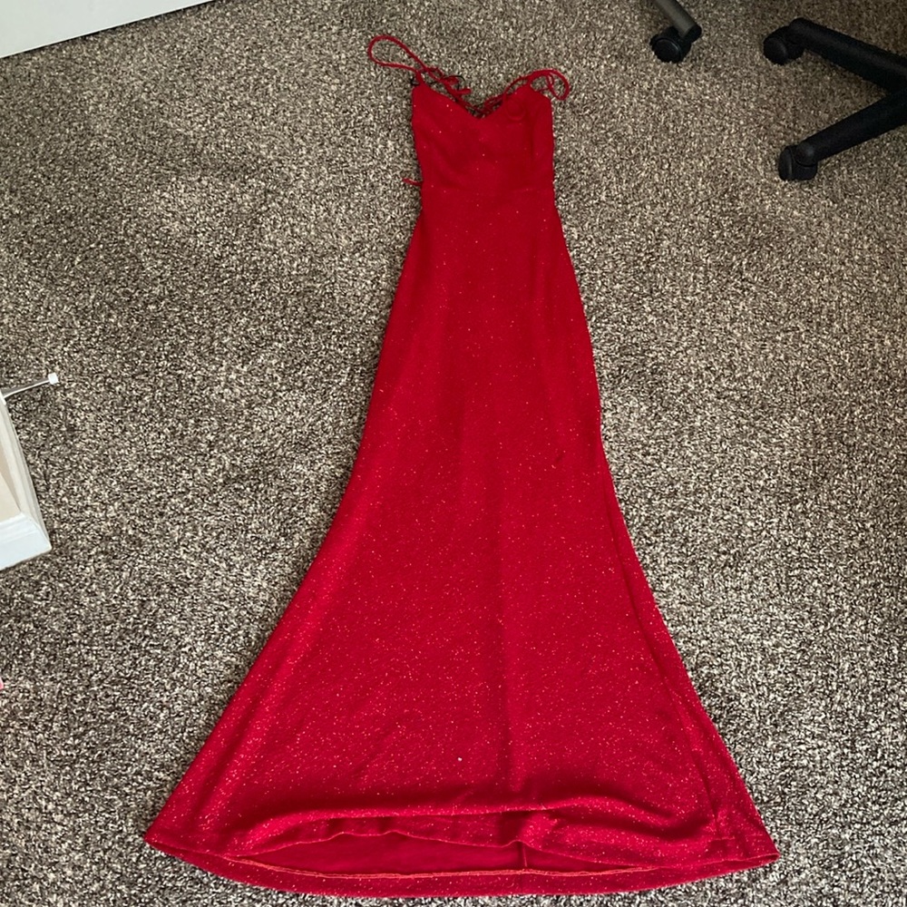 Red formal glittery dress w/ open back